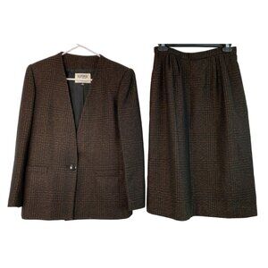 VTG Kasper Size 6/8P Wool Plaid Blazer & Skirt Set Suit Black Plaid 7220